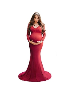 OLEMEK Women Off Shoulder Lace Maxi Maternity Dress Long Puff Sleeve V Neck Elegant Slim Fit Gown Split Pregnancy Photography Dress