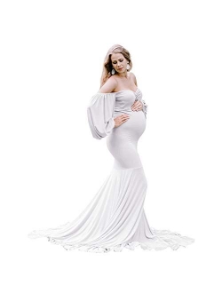 OLEMEK Women Off Shoulder Lace Maxi Maternity Dress Long Puff Sleeve V Neck Elegant Slim Fit Gown Split Pregnancy Photography Dress