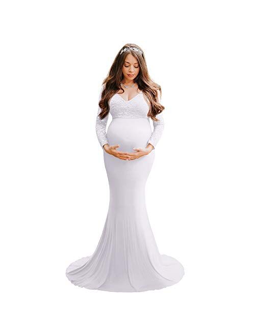 OLEMEK Women Off Shoulder Lace Maxi Maternity Dress Long Puff Sleeve V Neck Elegant Slim Fit Gown Split Pregnancy Photography Dress