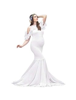 OLEMEK Women Halter Chiffon Ruffle Sleeve Mermaid Maternity Dress Elegant Fitted Gown Baby Shower Maxi Photography Dress Photo Shoot