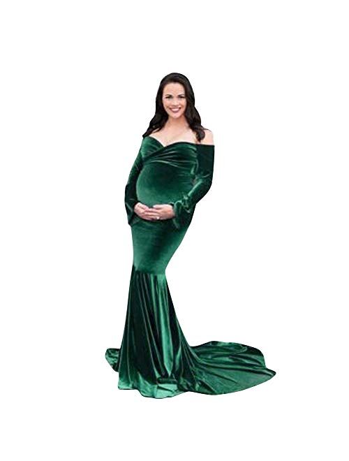 OLEMEK Women's Off Shoulder Mermaid Velvet Maternity Dress Long Sleeve Cross V Neck Slim Fit Gown Baby Shower Maxi Photography Dress