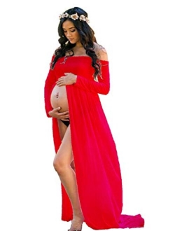 Yuanlar Maternity Off Shoulder Long Sleeve Chiffon Gown Split Front Maxi Photography Dress for Photo Shoot