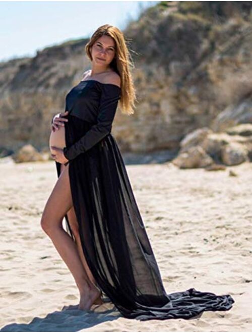 Yuanlar Maternity Off Shoulder Long Sleeve Chiffon Gown Split Front Maxi Photography Dress for Photo Shoot