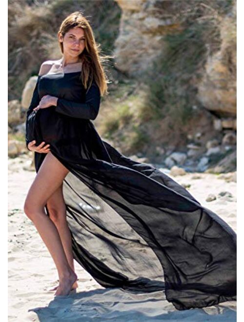 Yuanlar Maternity Off Shoulder Long Sleeve Chiffon Gown Split Front Maxi Photography Dress for Photo Shoot