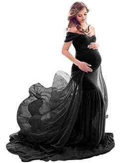 Yuanlar Maternity Fitted Photography Gown Off Shoulder Mermaid Chiffon Maxi Dress for Photo Shoot Baby Shower