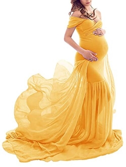 Yuanlar Maternity Fitted Photography Gown Off Shoulder Mermaid Chiffon Maxi Dress for Photo Shoot Baby Shower