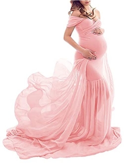 Yuanlar Maternity Fitted Photography Gown Off Shoulder Mermaid Chiffon Maxi Dress for Photo Shoot Baby Shower