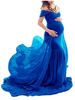 Yuanlar Maternity Fitted Photography Gown Off Shoulder Mermaid Chiffon Maxi Dress for Photo Shoot Baby Shower