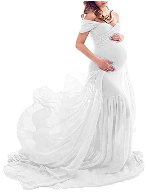 Yuanlar Maternity Fitted Photography Gown Off Shoulder Mermaid Chiffon Maxi Dress for Photo Shoot Baby Shower