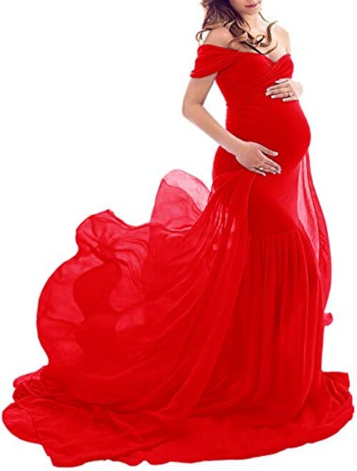 Yuanlar Maternity Fitted Photography Gown Off Shoulder Mermaid Chiffon Maxi Dress for Photo Shoot Baby Shower