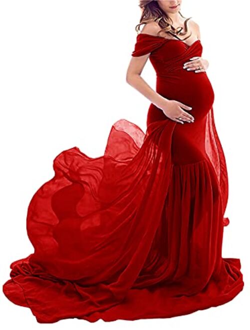 Yuanlar Maternity Fitted Photography Gown Off Shoulder Mermaid Chiffon Maxi Dress for Photo Shoot Baby Shower