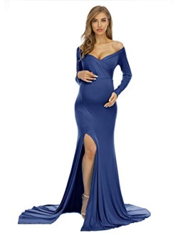 Yuanlar Maternity Off Shoulder Fitted Photography Gown Side Slit Maxi Dress for Photo Shoot Baby Shower