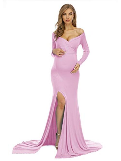 Yuanlar Maternity Off Shoulder Fitted Photography Gown Side Slit Maxi Dress for Photo Shoot Baby Shower