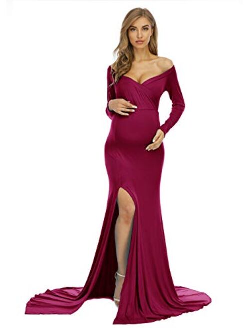 Yuanlar Maternity Off Shoulder Fitted Photography Gown Side Slit Maxi Dress for Photo Shoot Baby Shower