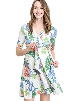Hello MIZ Flower Print V-Neck 3/4 Sleeve Baby Shower Front Tie Wrap Maternity Dress