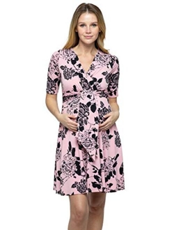 Hello MIZ Flower Print V-Neck 3/4 Sleeve Baby Shower Front Tie Wrap Maternity Dress