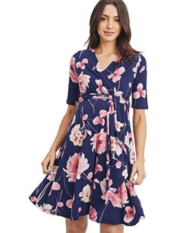 Hello MIZ Flower Print V-Neck 3/4 Sleeve Baby Shower Front Tie Wrap Maternity Dress