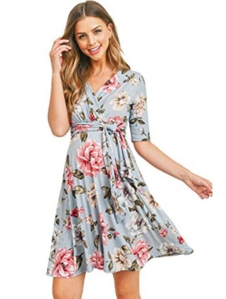 Hello MIZ Flower Print V-Neck 3/4 Sleeve Baby Shower Front Tie Wrap Maternity Dress