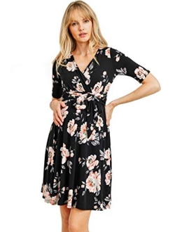 Hello MIZ Flower Print V-Neck 3/4 Sleeve Baby Shower Front Tie Wrap Maternity Dress