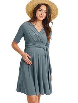 Hello MIZ Flower Print V-Neck 3/4 Sleeve Baby Shower Front Tie Wrap Maternity Dress