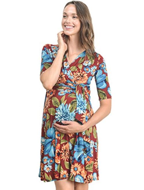 Hello MIZ Flower Print V-Neck 3/4 Sleeve Baby Shower Front Tie Wrap Maternity Dress