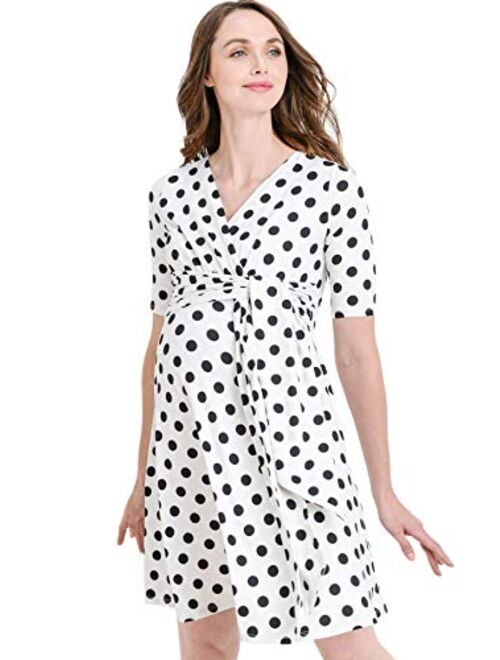 Hello MIZ Flower Print V-Neck 3/4 Sleeve Baby Shower Front Tie Wrap Maternity Dress