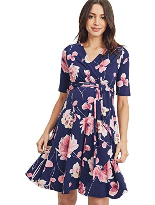 Hello MIZ Flower Print V-Neck 3/4 Sleeve Baby Shower Front Tie Wrap Maternity Dress