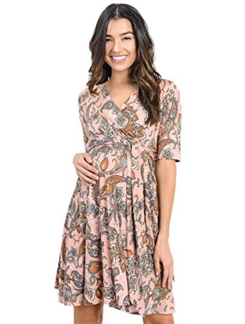 Hello MIZ Flower Print V-Neck 3/4 Sleeve Baby Shower Front Tie Wrap Maternity Dress