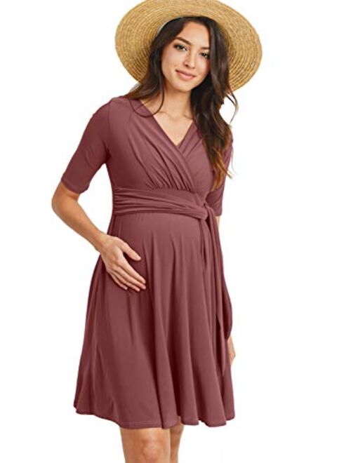 Hello MIZ Flower Print V-Neck 3/4 Sleeve Baby Shower Front Tie Wrap Maternity Dress