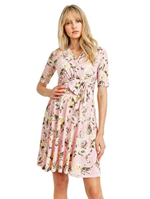 Hello MIZ Flower Print V-Neck 3/4 Sleeve Baby Shower Front Tie Wrap Maternity Dress