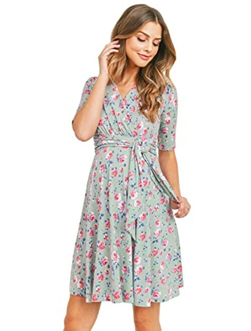 Hello MIZ Flower Print V-Neck 3/4 Sleeve Baby Shower Front Tie Wrap Maternity Dress