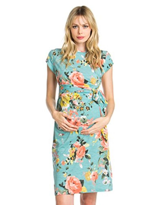 My Bump Women's Side Bow Tie Pattern Cap Sleeve Maternity Dress(Made in USA)