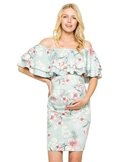 My Bump Double Layer Ruffle Maternity Dress-Fitted Off-Shoulder Baby Shower Pregnancy