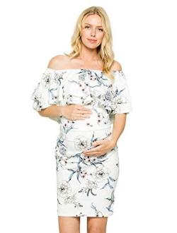 My Bump Double Layer Ruffle Maternity Dress-Fitted Off-Shoulder Baby Shower Pregnancy