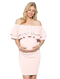 My Bump Double Layer Ruffle Maternity Dress-Fitted Off-Shoulder Baby Shower Pregnancy