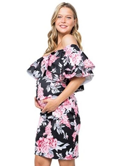 My Bump Double Layer Ruffle Maternity Dress-Fitted Off-Shoulder Baby Shower Pregnancy