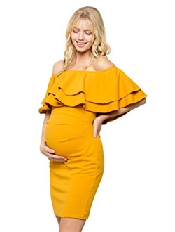 My Bump Double Layer Ruffle Maternity Dress-Fitted Off-Shoulder Baby Shower Pregnancy