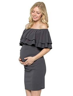 My Bump Double Layer Ruffle Maternity Dress-Fitted Off-Shoulder Baby Shower Pregnancy