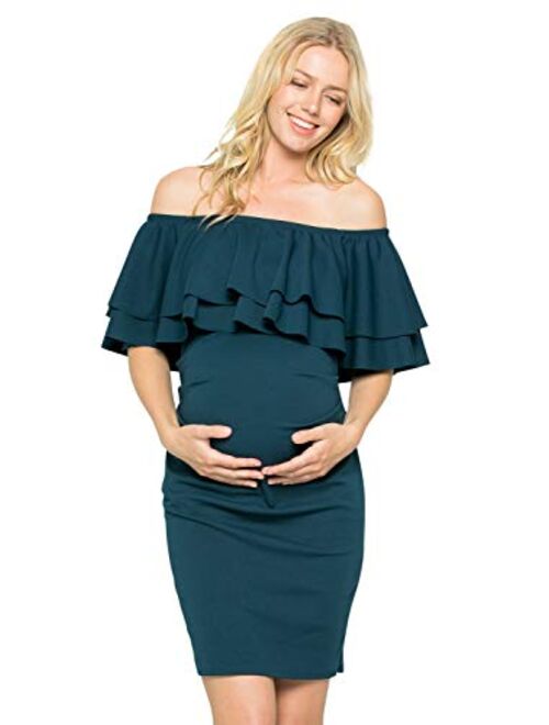 My Bump Double Layer Ruffle Maternity Dress-Fitted Off-Shoulder Baby Shower Pregnancy