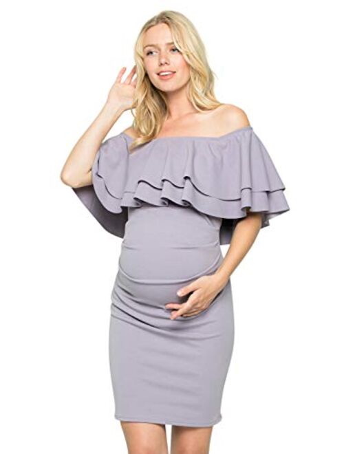 My Bump Double Layer Ruffle Maternity Dress-Fitted Off-Shoulder Baby Shower Pregnancy