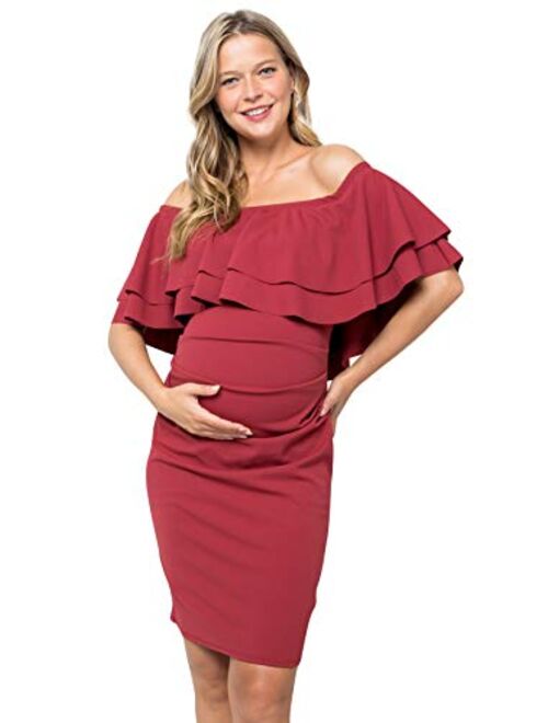 My Bump Double Layer Ruffle Maternity Dress-Fitted Off-Shoulder Baby Shower Pregnancy