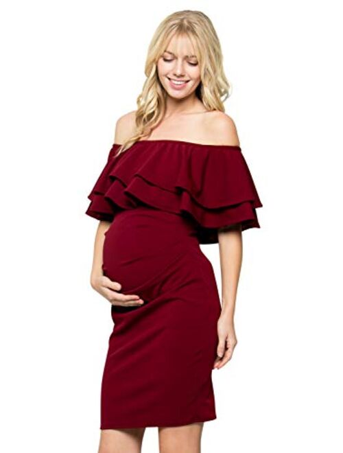 My Bump Double Layer Ruffle Maternity Dress-Fitted Off-Shoulder Baby Shower Pregnancy