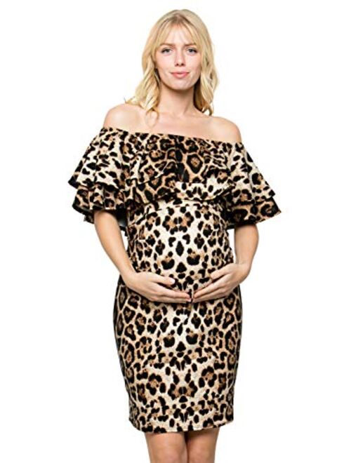 My Bump Double Layer Ruffle Maternity Dress-Fitted Off-Shoulder Baby Shower Pregnancy