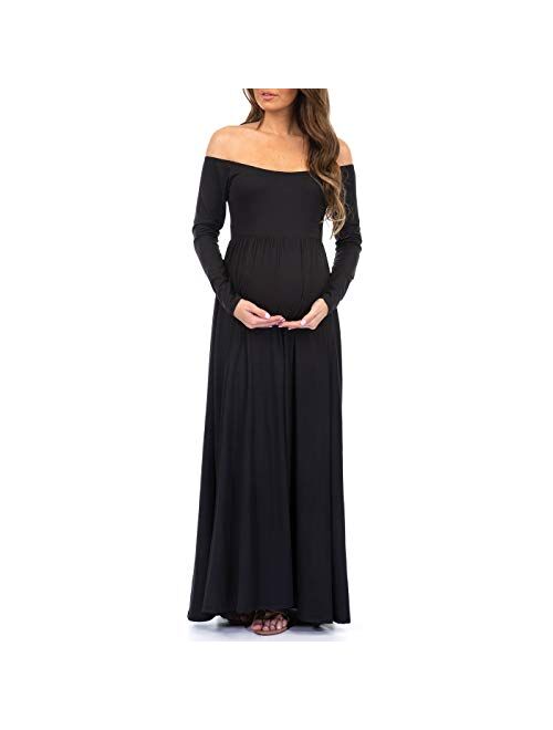 Mother Bee Maternity | Black Ruched Open-Shoulder Maternity Dress