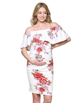 Hello MIZ Women's Floral Ruffle Off Shoulder Maternity Dress - Made in USA