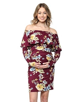 Hello MIZ Women's Floral Ruffle Off Shoulder Maternity Dress - Made in USA