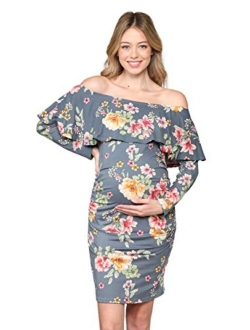 Hello MIZ Women's Floral Ruffle Off Shoulder Maternity Dress - Made in USA