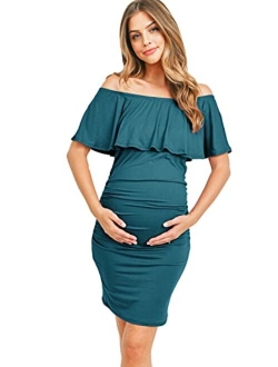 Hello MIZ Women's Floral Ruffle Off Shoulder Maternity Dress - Made in USA