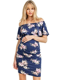 Hello MIZ Women's Floral Ruffle Off Shoulder Maternity Dress - Made in USA