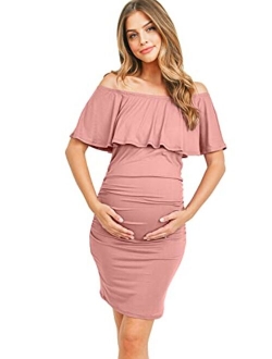 Hello MIZ Women's Floral Ruffle Off Shoulder Maternity Dress - Made in USA